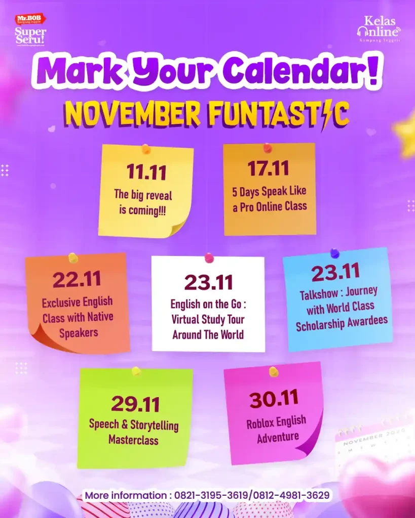 Kelas Online Mr.BOB Kampung Inggris Anniversary English Fest 2025 - November Funtast!c Event Schedule