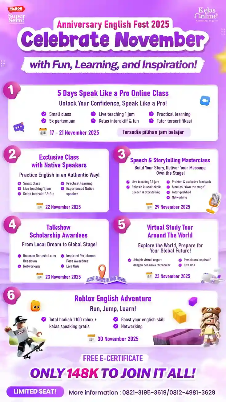 Kelas Online Mr.BOB Kampung Inggris Anniversary English Fest 2025 - November Funtast!c Event Schedule