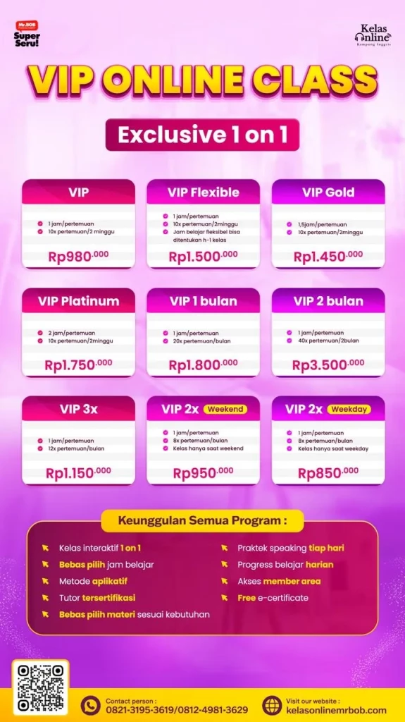 Jago Bahasa Inggris Lebih Cepat dengan VIP Online Class Exclusive 1 on 1 - Kelas Online Mr.BOB Kampung Inggris